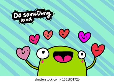 Do something kind hand drawn vector illustration in cartoon comic style frog holding hearts symbol lettering