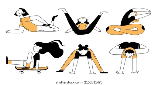 Haz el doodle deportivo con dibujos a mano plana. Colección de diseño de caracteres vectoriales de línea simple. Ilustración deportiva de verano.