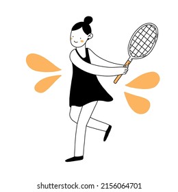 Do sport doodle flat hand drawn illustration. Simple line vector character design. Summer sport illustration. Tennis player cartoon drawing.