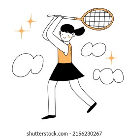 Haz el doodle deportivo con dibujos a mano plana. Diseño de caracteres de vector de línea simple. Ilustración deportiva de verano. Dibujo de caricaturas de tenistas.
