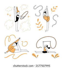 Do sport doodle flat hand drawn illustrations. Simple line vector characters design. Summer sport illustration. Gymnast cartoon drawing set.