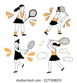 Do sport doodle flat hand drawn set of illustrations. Simple line vector character design. Summer sport illustration. Tennis players cartoon drawing.
