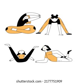 Haz juego de ilustraciones dibujadas a mano con el esquema de doodle deportivo. Diseño de caracteres vectoriales de línea simple. Ilustración deportiva de verano. Estirando dibujos animados.
