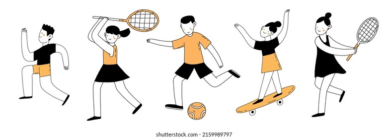 Do sport flat vector set. Competition, contest announcing poster design idea. Boy with ball and girl with racket, female tennis player, footballer, skateboarder cartoon characters.