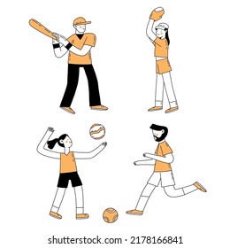 Do sport outline flat hand drawn illustration set. Simple line vector soccer, volleyball, baseball player characters design. Summer sport illustration. Sport cartoon drawing.