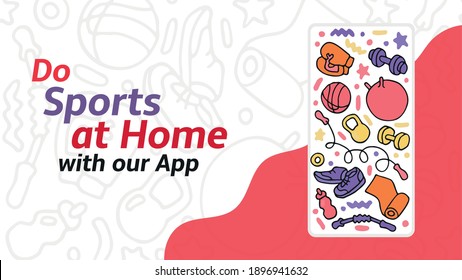 Do sports at home with our mobile app. Header for the site. Horizontal Banner, poster. EPS 10 vector. Stay home. What to do in quarantine
