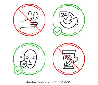 Do or Stop. 24 hours, Uv protection and Rubber gloves icons simple set. Mint leaves sign. Repeat, Ultraviolet, Hygiene equipment. Mentha leaf. Medical set. Line 24 hours do icon. Prohibited ban stop