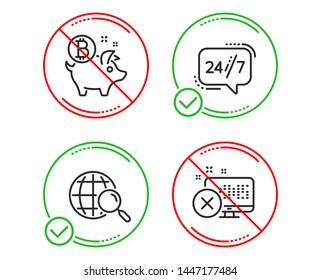 Hacer o parar. servicio 24/7, moneda de Bitcoin e iconos de búsqueda Web conjunto simple. Rechazar el signo de acceso. Servicio de llamadas, Piggy bank, Buscar Internet. Eliminar dispositivo. Conjunto tecnológico. Icono de la línea 24/7. Vector