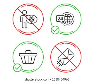 Do or Stop. 24h service, Cogwheel and Shop cart icons simple set. E-mail sign. Call support, Engineering tool, Web buying. Mail delivery. Business set. Line 24h service do icon. Prohibited ban stop