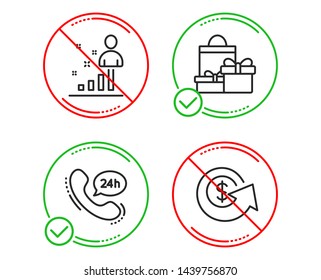 Do or Stop. 24h service, Stats and Shopping icons simple set. Dollar exchange sign. Call support, Business analysis, Holiday packages. Money refund. Business set. Line 24h service do icon. Vector