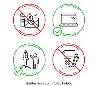 Do or Stop. Accounting report, Launch project and Laptop icons simple set. Reject file sign. Check finance, Business innovation, Computer. Decline agreement. Technology set. Vector