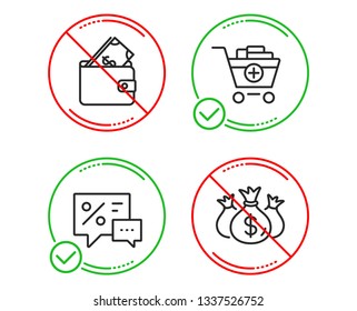 Do or Stop. Add products, Discounts and Wallet icons simple set. Check investment sign. Shopping cart, Best offer, Usd cash. Business report. Finance set. Line add products do icon. Vector