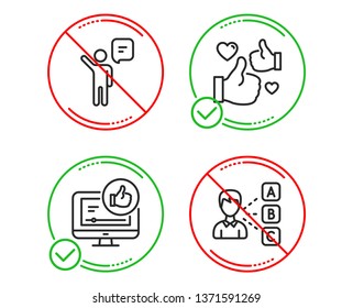 Do or Stop. Agent, Like and Like video icons simple set. Opinion sign. Business person, Thumbs up, Choose answer. People set. Line agent do icon. Prohibited ban stop. Good or bad. Vector