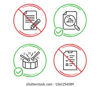 Do or Stop. Article, Analytics graph and Drums icons simple set. Interview sign. Feedback, Chart report, Drumsticks. Checklist file. Line article do icon. Prohibited ban stop. Good or bad. Vector