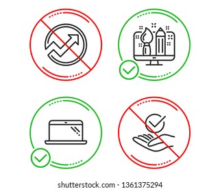 Do or Stop. Audit, Creative design and Laptop icons simple set. Approved sign. Arrow graph, Designer, Computer. Verified symbol. Technology set. Line audit do icon. Prohibited ban stop. Good or bad