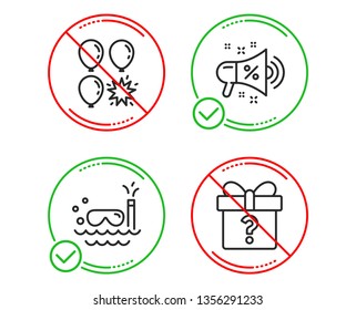 Do or Stop. Balloon dart, Scuba diving and Sale megaphone icons simple set. Secret gift sign. Attraction park, Trip swimming, Shopping. Unknown package. Holidays set. Line balloon dart do icon