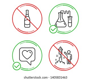 Do or Stop. Beer bottle, Chemistry lab and Heart icons simple set. Fireworks sign. Brewery, Medical laboratory, Like rating. Party pyrotechnic. Line beer bottle do icon. Prohibited ban stop. Vector