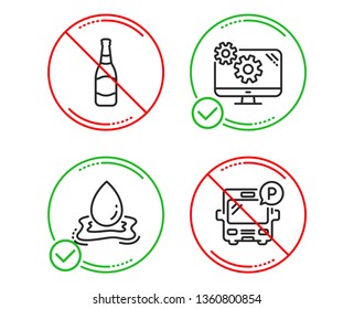 Do or Stop. Beer bottle, Water splash and Settings icons simple set. Bus parking sign. Brewery, Aqua drop, Cogwheel tool. Public park. Business set. Line beer bottle do icon. Prohibited ban stop