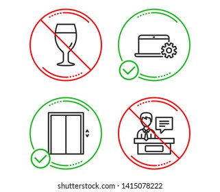 Do or Stop. Beer glass, Notebook service and Lift icons simple set. Exhibitors sign. Brewery beverage, Computer repair, Elevator. Information desk. Business set. Line beer glass do icon. Vector