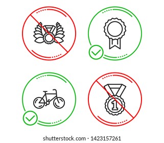 Do or Stop. Bicycle, Reward and Laureate medal icons simple set. Best rank sign. Bike, Best medal, Laurel wreath. Sports set. Line bicycle do icon. Prohibited ban stop. Good or bad. Vector