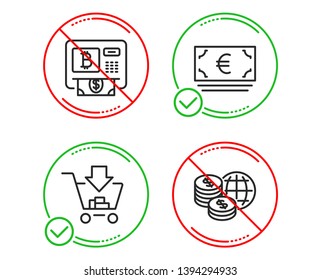 Do or Stop. Bitcoin atm, Shopping and Euro currency icons simple set. World money sign. Cryptocurrency change, Add to cart, Eur banking. Global markets. Finance set. Line bitcoin atm do icon. Vector