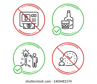 Do or Stop. Bitcoin atm, Whiskey glass and Creative idea icons simple set. Time management sign. Cryptocurrency change, Scotch drink, Startup. Work time. Business set. Line bitcoin atm do icon