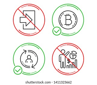 Do or Stop. Bitcoin, User info and Login icons simple set. Seo statistics sign. Cryptocurrency coin, Update profile, Sign in. Analytics chart. Technology set. Line bitcoin do icon. Prohibited ban stop