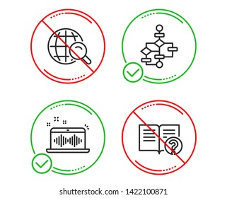 Do or Stop. Block diagram, Music making and Internet search icons simple set. Help sign. Algorithm path, Dj app, Web finder. Documentation. Education set. Line block diagram do icon. Vector