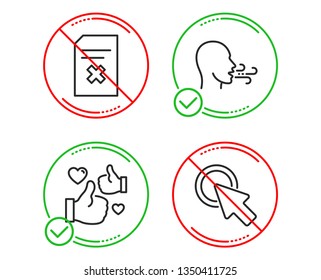 Do or Stop. Breathing exercise, Like and Delete file icons simple set. Click here sign. Breath, Thumbs up, Remove document. Push button. Technology set. Line breathing exercise do icon. Vector