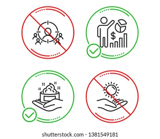 Do or Stop. Business targeting, Seo statistics and Skin care icons simple set. Sun protection sign. People and target aim, Analytics chart, Hand cream. Ultraviolet care. People set. Vector