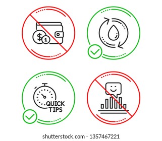Do or Stop. Buying accessory, Quick tips and Refill water icons simple set. Smile sign. Wallet with coins, Helpful tricks, Recycle aqua. Positive feedback. Line buying accessory do icon. Vector