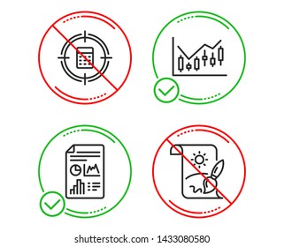 Do or Stop. Calculator target, Report document and Financial diagram icons simple set. Creative painting sign. Audit, Growth chart, Candlestick chart. Graphic art. Education set. Vector
