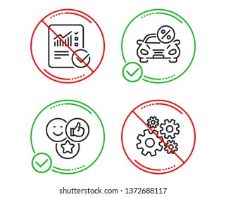 Do or Stop. Car leasing, Like and Checked calculation icons simple set. Cogwheel sign. Transport discount, Social media likes, Statistical data. Engineering tool. Technology set. Vector