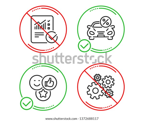 Do or Stop. Car leasing, Like and Checked\
calculation icons simple set. Cogwheel sign. Transport discount,\
Social media likes, Statistical data. Engineering tool. Technology\
set. Vector