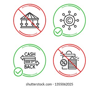 Do or Stop. Carousels, Cashback card and Copywriting network icons simple set. Shopping bags sign. Attraction park, Money payment, Content networking. Sale discount. Business set. Vector
