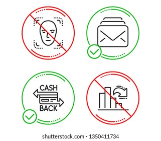 Do or Stop. Cashback card, Face detection and Mail icons simple set. Decreasing graph sign. Money payment, Detect person, New messages. Column chart. Technology set. Line cashback card do icon