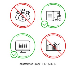 Do or Stop. Check investment, Music book and Music making icons simple set. Money diagram sign. Business report, Musical note, Dj app. Currency diagram. Education set. Line check investment do icon