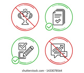 Do or Stop. Checkbox, Victory and Handout icons simple set. Accounting sign. Survey choice, Championship prize, Documents example. Supply and demand. Education set. Line checkbox do icon. Vector