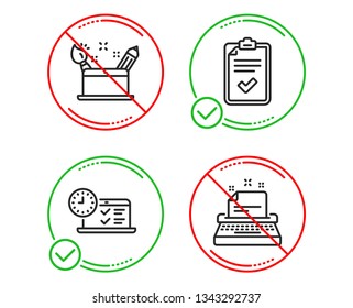 Do or Stop. Checklist, Online test and Creativity concept icons simple set. Typewriter sign. Survey, Examination, Graphic art. Instruction. Technology set. Line checklist do icon. Prohibited ban stop