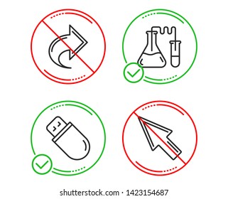 Do or Stop. Chemistry lab, Share and Usb stick icons simple set. Mouse cursor sign. Medical laboratory, Link, Memory flash. Click arrow. Technology set. Line chemistry lab do icon. Prohibited ban stop