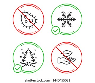 Do or Stop. Christmas tree, Bacteria and Snowflake icons simple set. Leaf sign. Spruce, Antibacterial, Air conditioning. Plant care. Nature set. Line christmas tree do icon. Prohibited ban stop