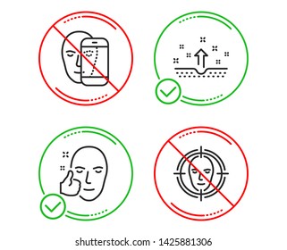 Do or Stop. Clean skin, Face biometrics and Healthy face icons simple set. Cosmetics, Facial recognition, Healthy cosmetics. Select target. Medical set. Line clean skin do icon. Prohibited ban stop