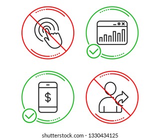 Do or Stop. Click, Smartphone payment and Marketing statistics icons simple set. Refer friend sign. Cursor pointer, Mobile pay, Web analytics. Share. Business set. Line click do icon. Vector