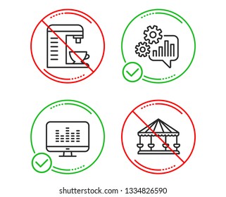 Do or Stop. Cogwheel, Music making and Coffee machine icons simple set. Carousels sign. Engineering tool, Dj app, Cappuccino machine. Attraction park. Technology set. Line cogwheel do icon. Vector