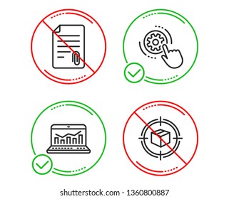 Do or Stop. Cogwheel settings, Attachment and Web analytics icons simple set. Parcel tracking sign. Engineering tool, Attach file, Statistics. Box in target. Business set. Vector