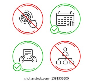 Do or Stop. Cogwheel settings, Calendar graph and Receive file icons simple set. Management sign. Engineering tool, Annual report, Hold document. Agent. Science set. Line cogwheel settings do icon