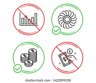Do or Stop. Coins, Fan engine and Column chart icons simple set. Payment method sign. Cash money, Ventilator, Financial graph. Give money. Finance set. Line coins do icon. Prohibited ban stop. Vector
