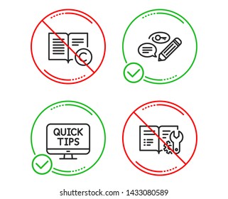 Do or Stop. Copyright, Web tutorials and Keywords icons simple set. Engineering documentation sign. Copywriting book, Quick tips, Pencil with key. Manual. Education set. Line copyright do icon