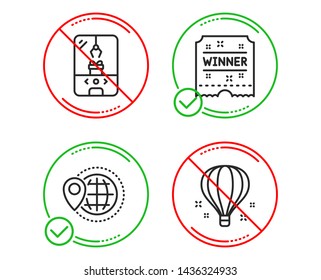 Do or Stop. Crane claw machine, World travel and Winner ticket icons simple set. Air balloon sign. Attraction park, Map pointer, Carousels award. Sky travelling. Holidays set. Vector