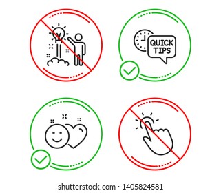 Do or Stop. Creative idea, Smile and Quick tips icons simple set. Touchpoint sign. Startup, Social media like, Helpful tricks. Touch technology. Technology set. Line creative idea do icon. Vector